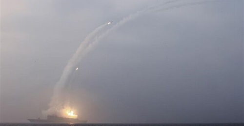 North Korea's first Choe Hyon-class destroyer, carrying out a ripple launch of sea-to-surface strategic cruise missiles from the destroyer in March 2026. The country commissioned the second vessel in the class on 6 September 2026.