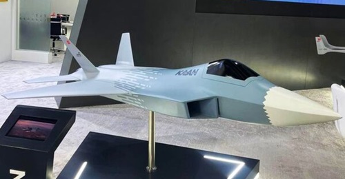 A model of the Turkish Aerospace Kaan fighter aircraft displayed at EDEX 2025