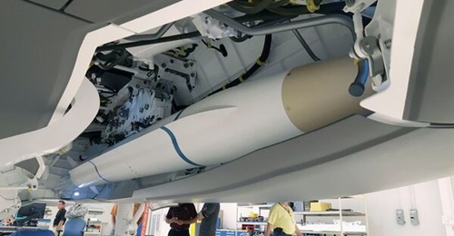This photographs shows a model AARGM-ER fitted into an F-35C weapons bay simulator.