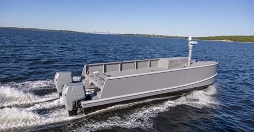 The Tactical Composites Small High-Speed Amphibious Role-Variant Craft (SHARC) is powered by twin 300 hp OXE diesel outboards.