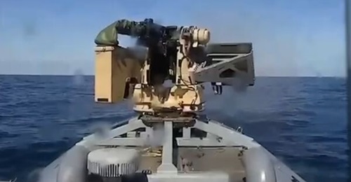 Screengrab of a Ukrainian Navy video showing a Sargan 3000 USV using its Protector RWS to engage and destroy a Russian USV.