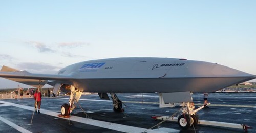 The first production contract was awarded for the MQ-25A, shown here on the deck of aircraft carrier USS Nimitz.