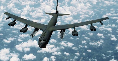 A B-52G Stratofortress aircraft from the 416th Bombardment Wing, shown armed with AGM-86B Air-Launched Cruise Missiles (ALCMs).