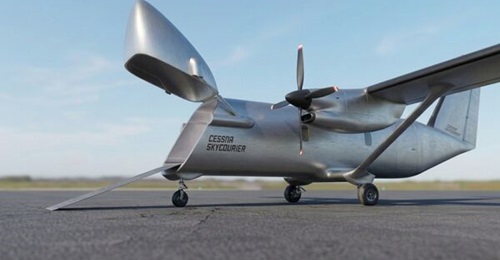 A computer-generated image of Textron Aviation's SkyCourier UX with the nose open and ramp deployed.