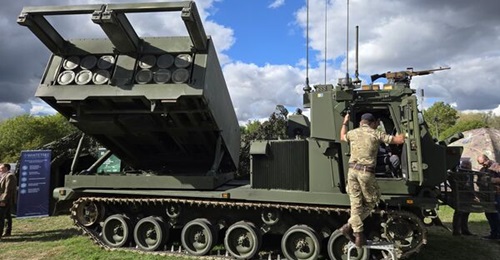 The first British Army MLRS upgraded to the M270A2 standard displayed at DVD 2026.