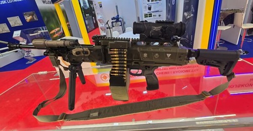 The left side of a Polish light machine gun (LMG) demonstrator, developed by Fabryka Broni 'Lucznik'-Radom, unveiled at the MSPO 2026 exhibition.