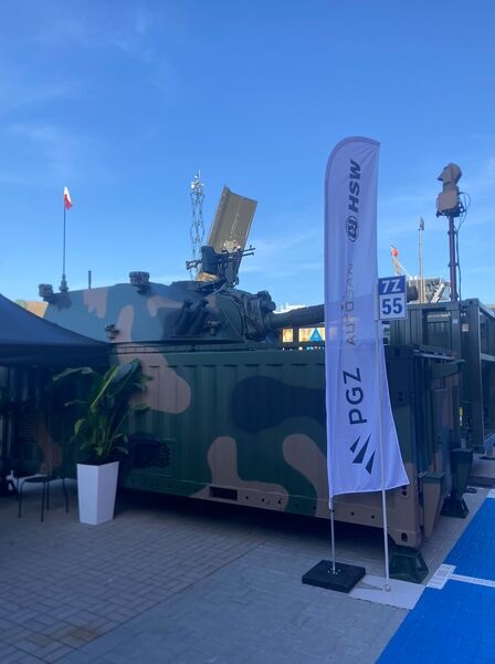A PGZ 120 mm mortar turret mounted on a reinforced shipping container, displayed at MSPO 2026.