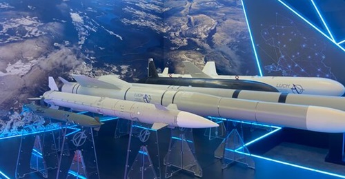 Ukraine's Luch Design Bureau's Coral surface-to-air missile (3rd from front), displayed by Ukroboronprom at the MSPO 2026 exhibition.