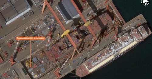 Vantor imagery shows the Type 004 aircraft carrier under construction in a dry dock at Dalian in China. Work on the bow is now in progress.
