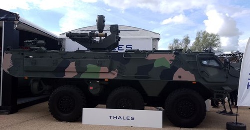 Patria 6x6 air defence variant with a RapidRanger missile mount displayed by Thales UK at DVD 2026.