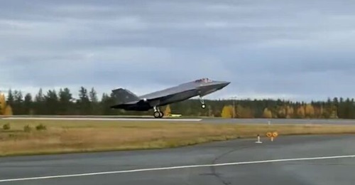 A screenshot from a Finnish Air Force video showing the arrival into the country on 18 September 2026 of the first F-35A.