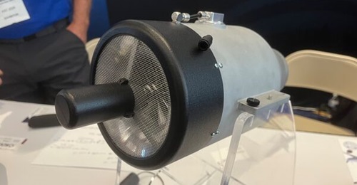 A model of United States Microturbine's USMT-400 90-lb thrust turbine engine displayed at the Air, Space, and Cyber Conference in September 2026