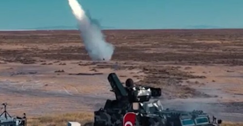A Roketsan Sungur air-defence missile being fired from its Burç mobile ground-based air-defence system, in a test shoot down of a moving aerial target announced on 14 September 2026.