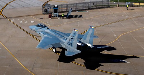 The first USAF F-15EX Eagle II (EX-22) designated for Kadena Air Base, Japan, taxis at Boeing's St Louis facility on 28 August 2026 before departing for Portland Air National Guard Base, Oregon.