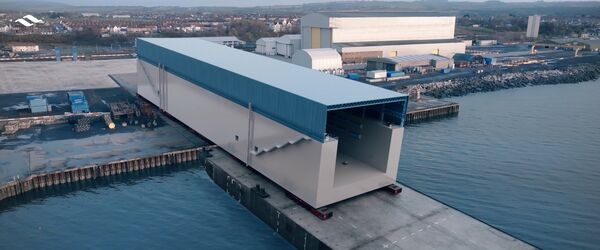 A computer-generated image of a potential future floating dock for UK submarines under Project Euston.