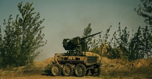 Frontline Robotics Frodo 6x6 UGV, revealed on 30 September 2026, seen in fire support configuration with a Buria RWS equipped with a Browning M2 12.7 mm heavy machine gun.