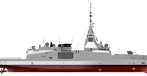 A computer-generated image released on 1 October 2026 showing the Swedish Royal Navy's forthcoming FDI frigate, the first unit in the Luleå-class, under construction in Lorient, France.