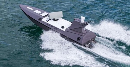 A computer-generated image of a Giraffe 1X radar integrated in the modular payload bay of a K3 Scout USV, issued in a Saab UK press release on 5 October 2026.