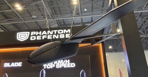 Phanton Defense's Balaban fixed-wing interceptor UAV, displayed at the DroneX 2026 exhibition.