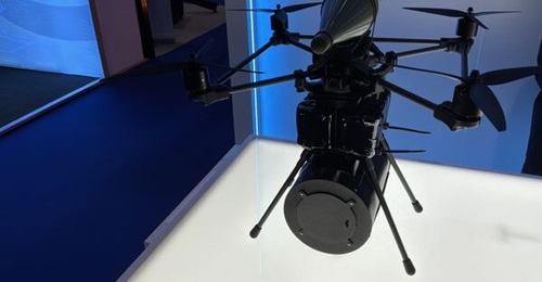 One of Stellarion's Deadliner family of fibre-optic FPV UAVs, displayed at DroneX 2026.