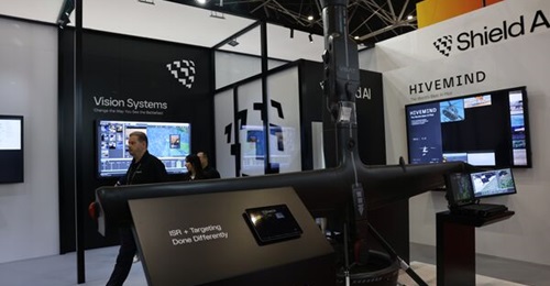 Shield AI exhibited its V-BAT unmanned aerial system at Land Forces 2026.