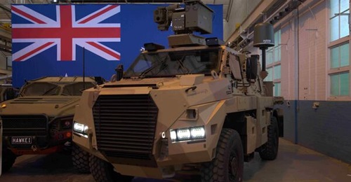 A Bushmaster vehicle featuring RapidStriker C-UAS system is displayed at Land Forces 2026.