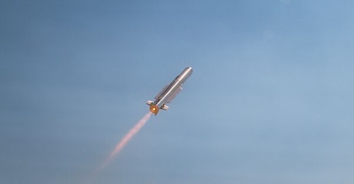 A Raytheon Coyote 2C RM drone interceptor during a test flight in July 2026 at Dugway Proving Ground, Utah. This version replaces the jet engine with a solid rocket motor.