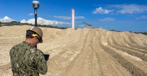 A US soldier verifies elevations near a building site on the Evangelos Florakis Naval Base, Cyprus, on 8 March 2024.