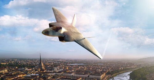 An artist's rendering of the GCAP future combat aircraft flying over the Italian city of Turin, released to coincide with the opening of the new engineering hub there on 9 October 2026.