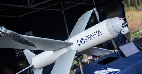 Granta Autonomy's X-Wing loitering munition being exhibited during Lithuanian Drone Days event in early October 2025.