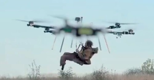 A screenshot from an Armed Forces of Ukraine video showing the first ever recorded CASEVAC of a wounded soldier by UAV, which was announced on 19 October 2026.