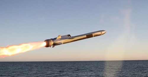 Naval Strike Missile in flight over the sea. Denmark is acquiring additional missiles for its frigates and coastal defence system. Image taken from a 19 October 2026 Danish Ministry of Defence Materiel and Procurement Agency press release.