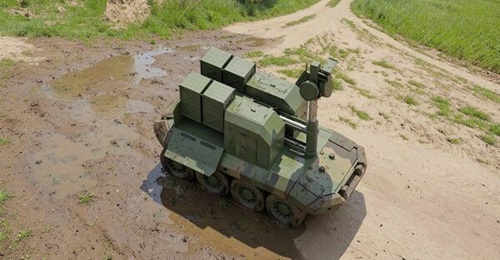 A computer-generated image of Skapion's Arsenal launchers for Hadar C-UAS interceptors on an unmanned ground vehicle