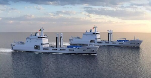 Computer generated image of two future Portuguese Navy auxiliary oiler replenishment and logistics ships at sea. Image taken from an STM press release issued on 17 December 2024.