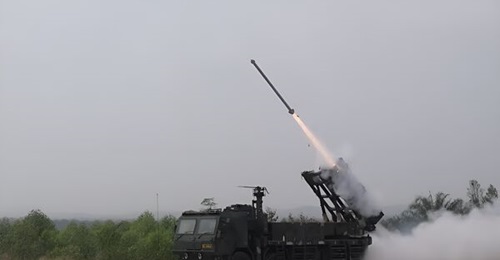 An Indonesian Army ITBM launcher seen here at the 20 October 2026 event, firing a TRG-122 guided rocket.