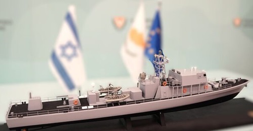 A model of the second offshore patrol vessel built by Israel Shipyards for the Cyprus Navy, displayed during the acquisition agreement signing ceremony in Cyrpus on 26 October 2026.