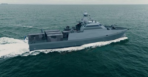 Computer-generated image of Baltic Workboats' 45 m Euroguard modular semi-autonomous surface vessel demonstrator at sea with an Estonian flag at the stern.