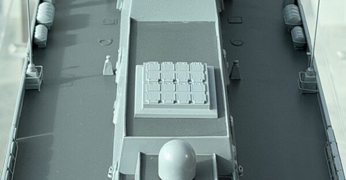 The proposed F100 Flight II design will incorporate a total of 64 Mk 41 vertical launcher cells, as shown in this model.