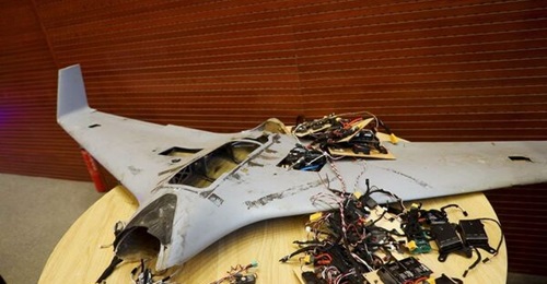 The remnants of a previously undocumented type of one-way attack UAV displayed during the 28 October press conference.