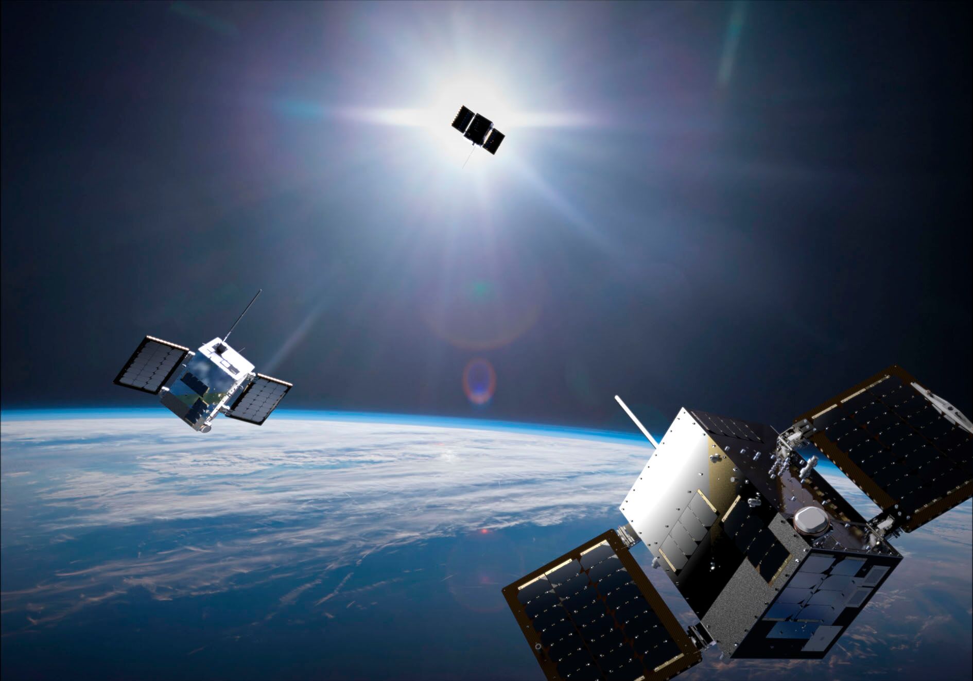 A depiction of the HawkEye 360 next-generation satellite cluster. Although shown in near proximity to each other here, in reality, the satellites are spread approximately 300 km apart.  (HawkEye 360)