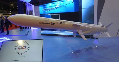 A model of the Blue Spear missile at Singapore Airshow 2022.