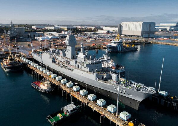 
        HMAS 
        Perth
         being lowered out of the dry dock at the Australian Marine Complex at Henderson in Western Australia following completion of a major part of the AMCAP upgrades.
       (Royal Australian Navy/Commonwealth of Australia)