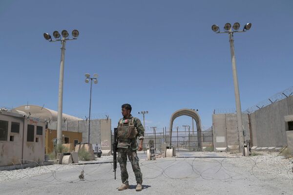 An Afghan National Army soldier stands guard at Bagram Airbase on 2 July after all US and NATO troops left and handed over the base to the ANDSF. (Zakeria Hashimi/AFP via Getty Images)