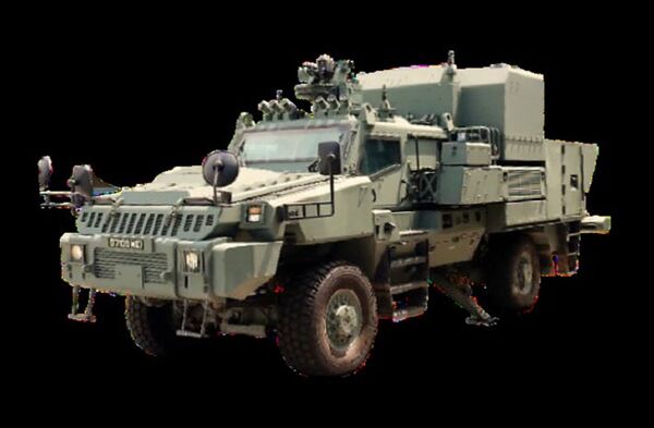Front view of the Belrex PCSV (Mortar) vehicle, showing its roof-mounted Adder RMG remote weapon station. (MINDEF)