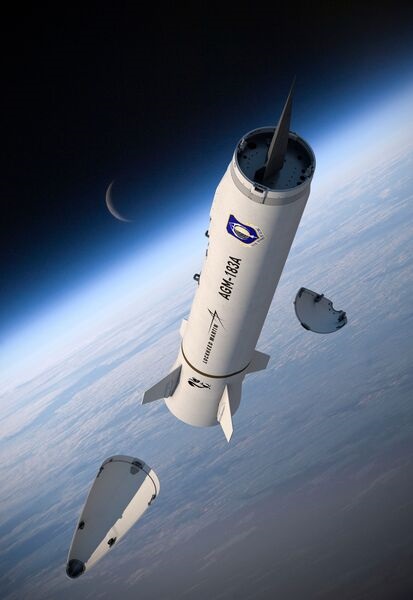 An artist's rendering of the AGM-183A Air-Launched Rapid Response Weapon. The AGM-183A is an accelerated USAF hypersonic air-to-surface glide weapon initiative that leverages work from the Tactical Boost Glide programme.