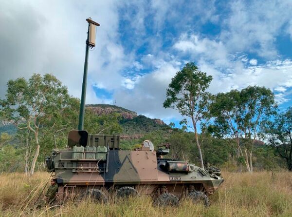 DroneShield's RfOne MKII RF direction-finding sensor seen mounted on an Australian Army ASLAV armoured fighting vehicle. The company has seen increasing interest from military forces in its C-UAS technologies. (DroneShield)