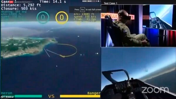 A screenshot of the DARPA AlphaDogfight Trial final round in August 2020 between a Heron Systems AI algorithm and a human pilot using an F-16 simulator. (DARPA)