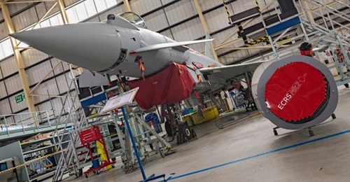 The Leonardo European Common Radar System Mark 2 (ECRS Mk2) radar seen next to the Eurofighter test aircraft ZK355/BS116. The combination is expected to fly for the first time towards the end of 2023.