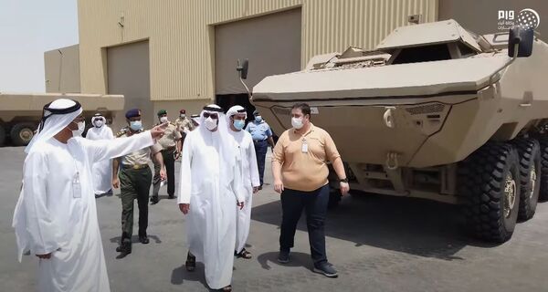 A still from the video released on 29 July shows the UAE's Minister of State for Defence Affairs Mohammed bin Ahmed al-Bowardi inspecting completed Wahash IFVs at the Calidus Land Systems plant in Al-Wathbah.  (WAM News Agency)