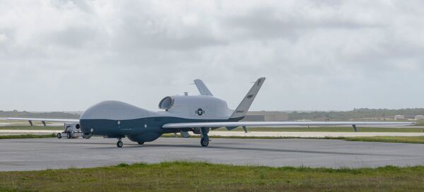 A Northrop Grumman MQ-4C Triton high-altitude long-endurance UAS pictured on 4 April 2020 at Andersen Air Force Base, Guam. An expert said the MQ-4C in its newest configuration could perform the AEW&C mission and push E-2Ds further from battle, but the USN would rather have the aircraft focus on maritime patrol. (US Air Force)
